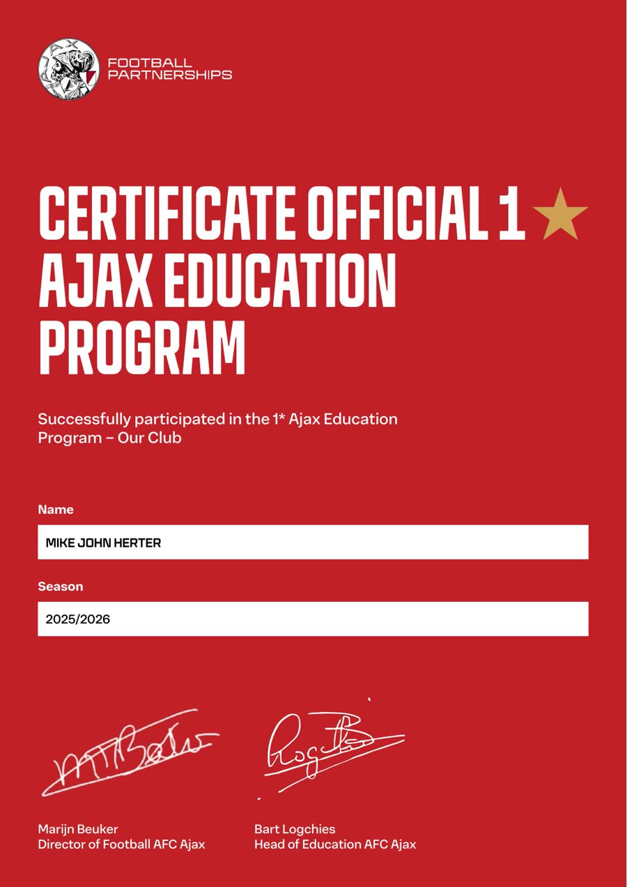 Zertifikat 1* Ajax Education Program – Our Club, Season 2025/2026, Mike John Herter