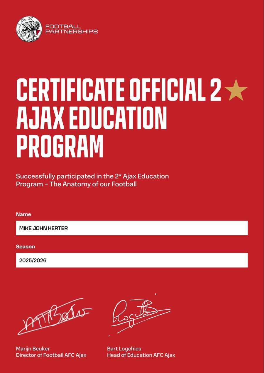 Zertifikat 2* Ajax Education Program – The Anatomy of our Football, Season 2025/2026, Mike John Herter